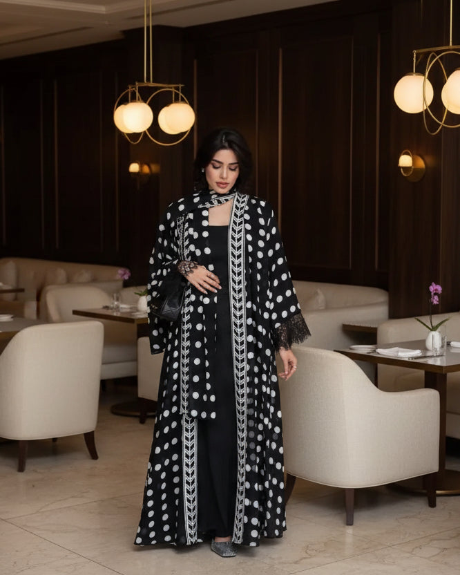Black Polka Dot Lace-Trim Abaya and Hijab Set, product view 1 1