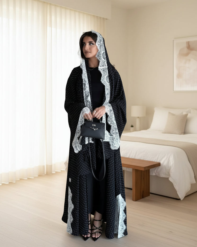 Black Polka Dot Lace-Trim Maxi Dress and Hijab Set, product view 1 1