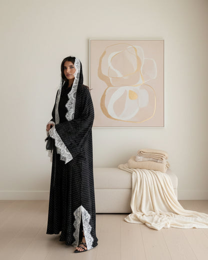 Black Polka Dot Lace-Trim Maxi Dress and Hijab Set, product view 3 3