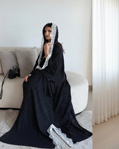 Black Polka Dot Lace-Trim Maxi Dress and Hijab Set, product view 6 6