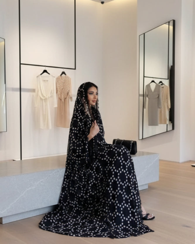 Black Polka Dot Patchwork Open Abaya for Everyday Wear, product view 1