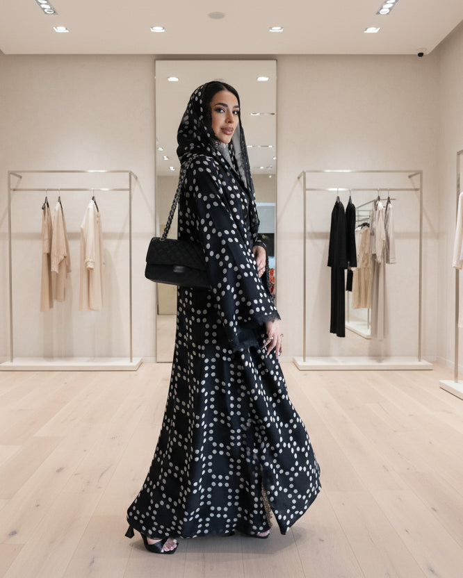 Black Polka Dot Patchwork Open Abaya for Everyday Wear, product view 2