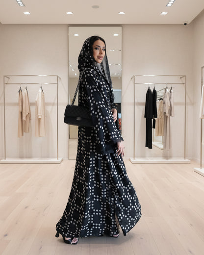 Black Polka Dot Patchwork Open Abaya for Everyday Wear, product view 2 3