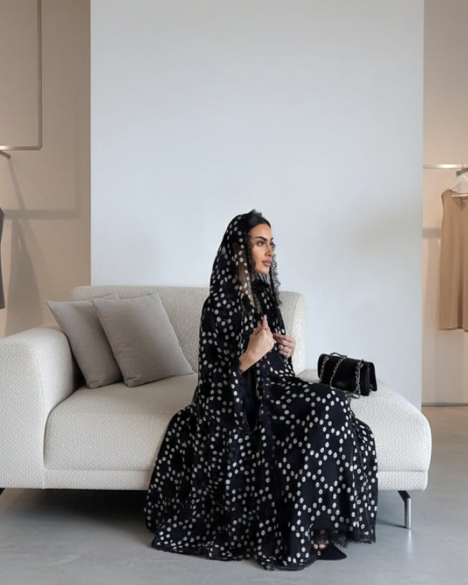 Black Polka Dot Patchwork Open Abaya for Everyday Wear, product view 4
