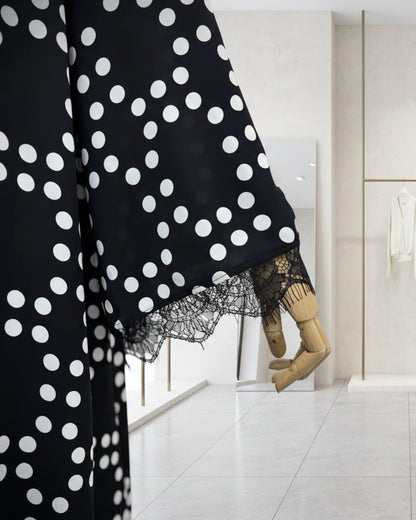 Black Polka Dot Patchwork Open Abaya for Everyday Wear, product view 5 4