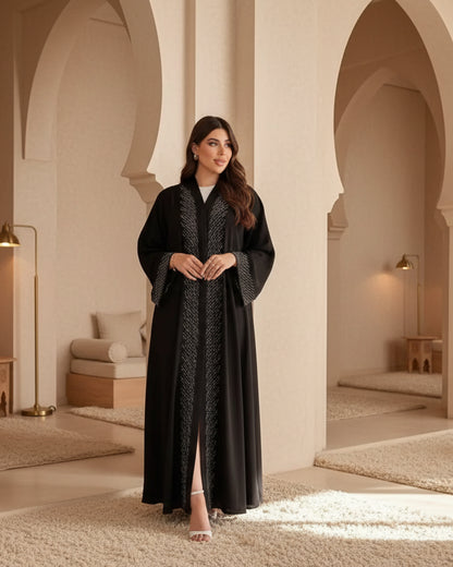 Black Rhinestone-Trim Open Abaya for Eid, product view 3 3