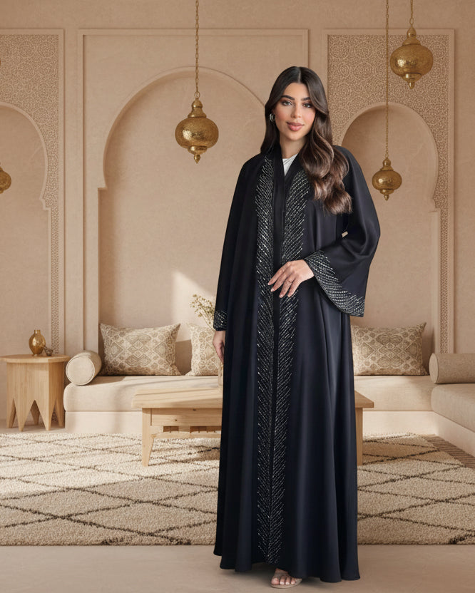 Black Rhinestone-Trim Open Abaya for Eid, product view 4