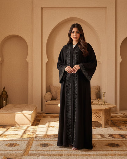 Black Rhinestone-Trim Open Abaya for Eid, product view 5 5