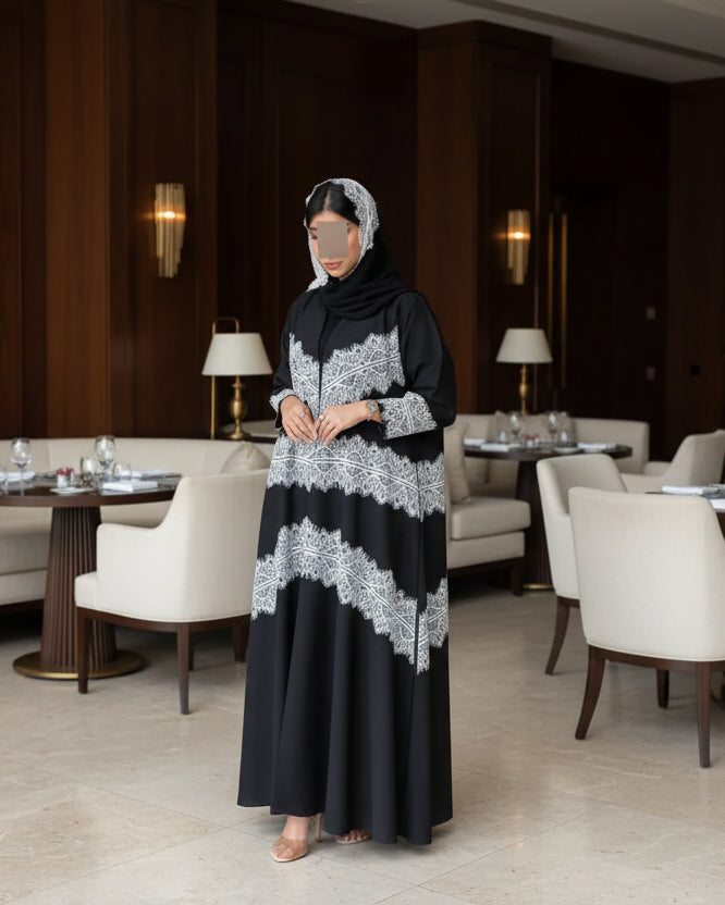 Black Scallop-Lace Abaya and Hijab Set for Eid, product view 1 1