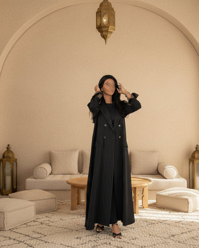 Black Striped Open Abaya for Eid, product view 1