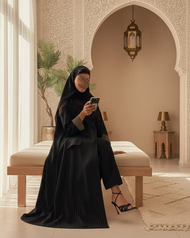 Black Striped Open Abaya for Eid, product view 3