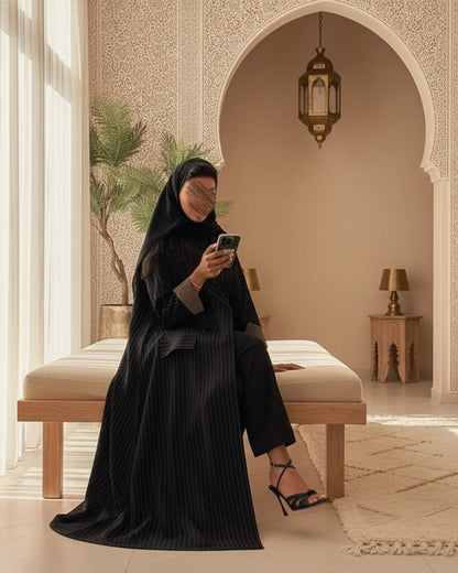 Black Striped Open Abaya for Eid, product view 3 4