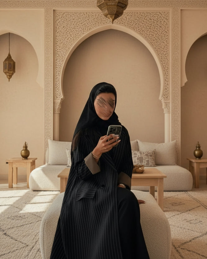 Black Striped Open Abaya for Eid, product view 5