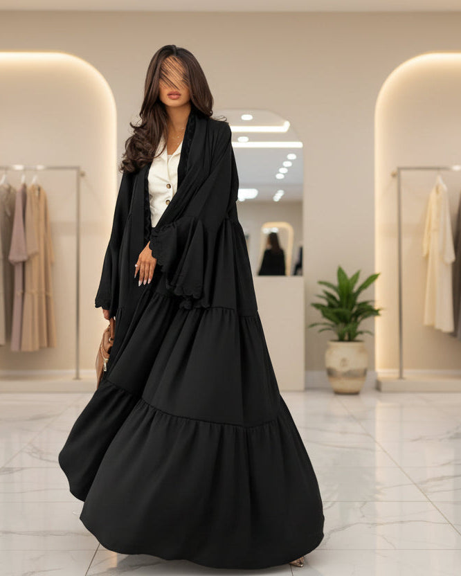 Black Tiered-Ruffle Open Abaya for Eid, product view 1 1