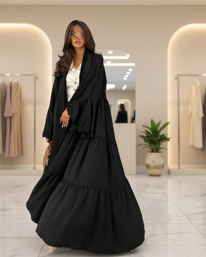Black Tiered-Ruffle Open Abaya for Eid, product view 1 1