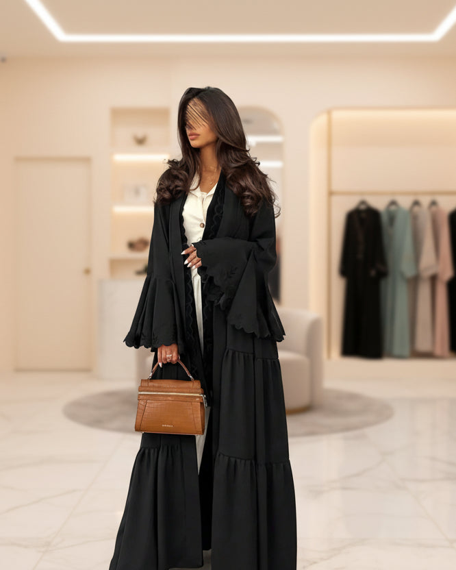Black Tiered-Ruffle Open Abaya for Eid, product view 3