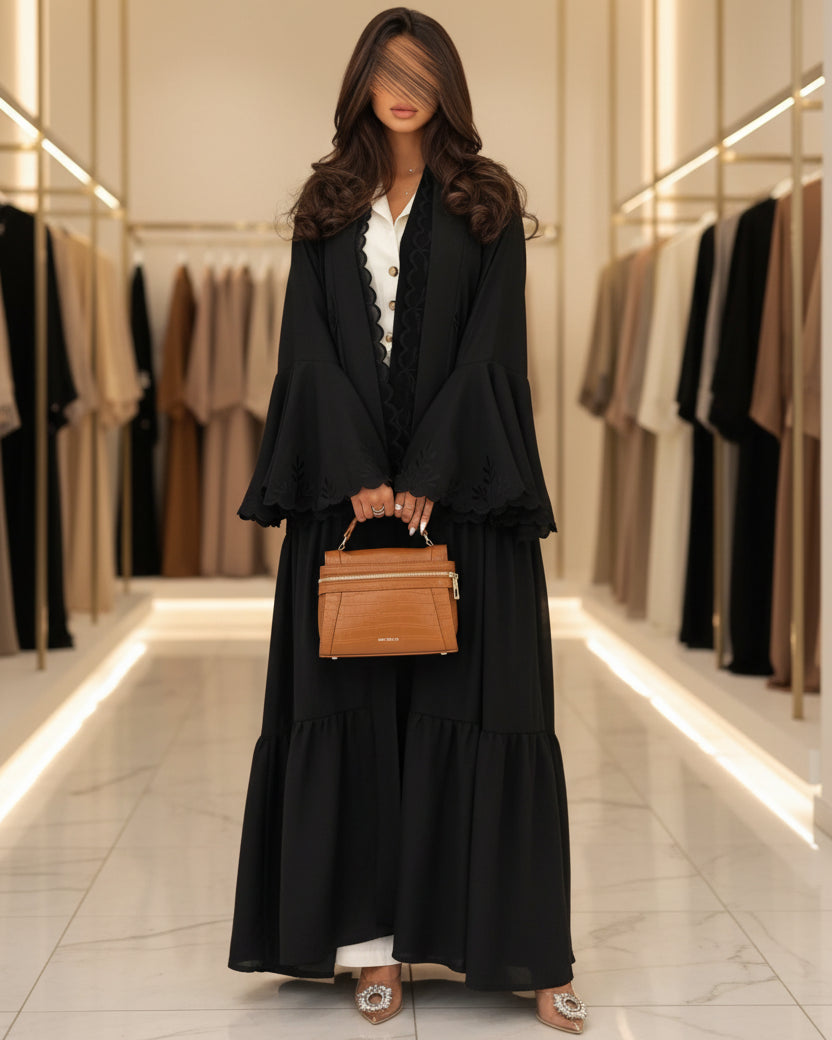 Black Tiered-Ruffle Open Abaya for Eid, product view 5
