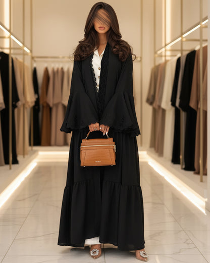 Black Tiered-Ruffle Open Abaya for Eid, product view 5 3