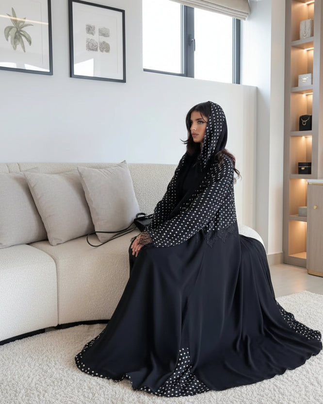 Black Wave Detail Patchwork Maxi Dress and Hijab Set, product view 6 1