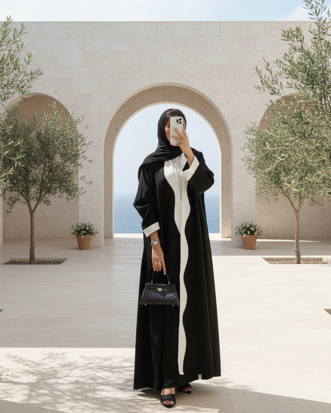 Black wave-trim open abaya