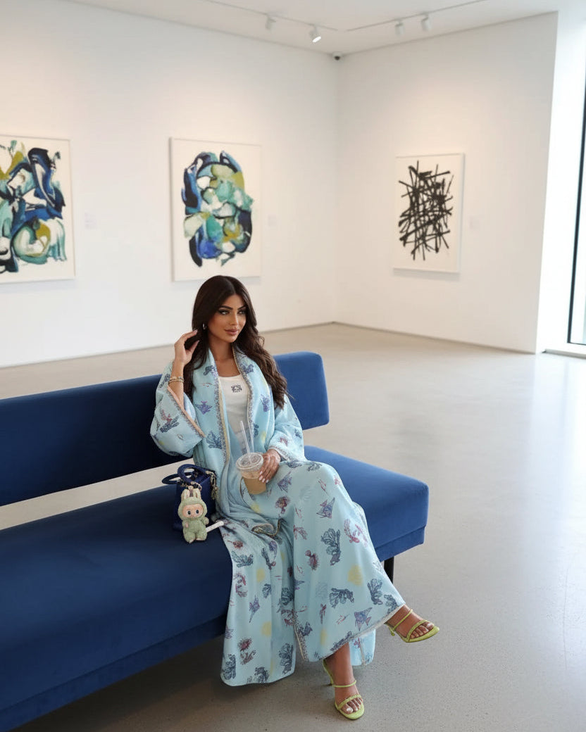 Blue Ocean Print Abaya and Hijab Set, product view 1