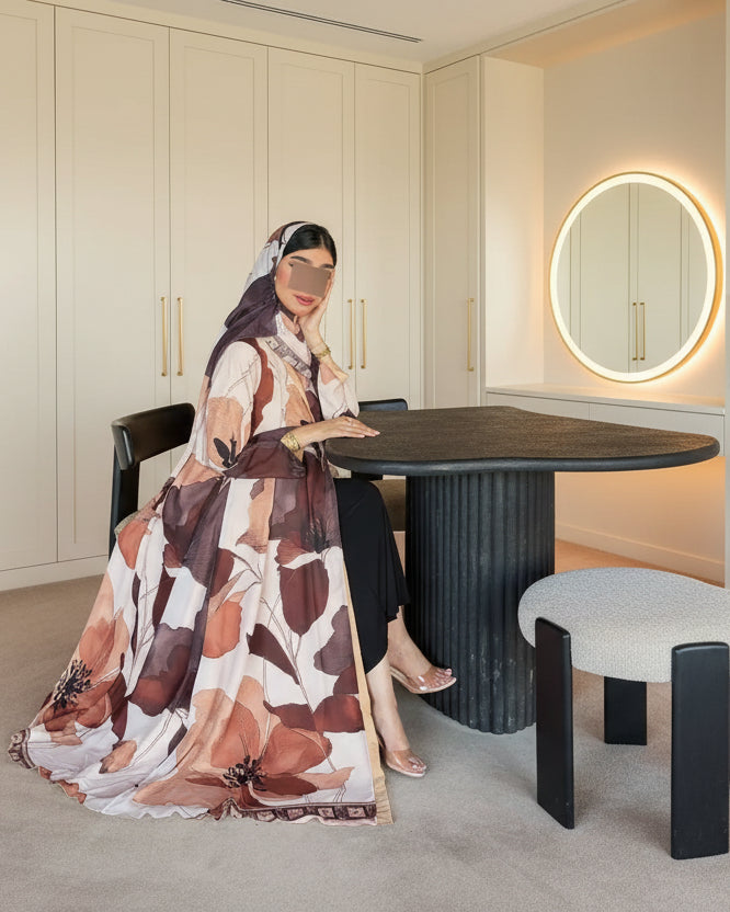 Brown Abstract Print Abaya and Hijab Set, product view 1