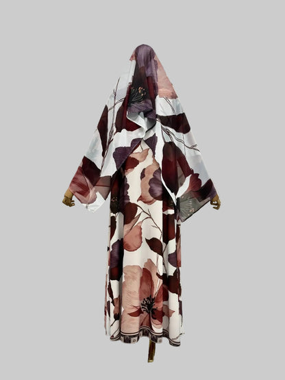 Brown Abstract Print Abaya and Hijab Set, product view 2 2