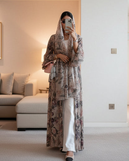 Brown Pleated Open Abaya for Layering, product view 1 3