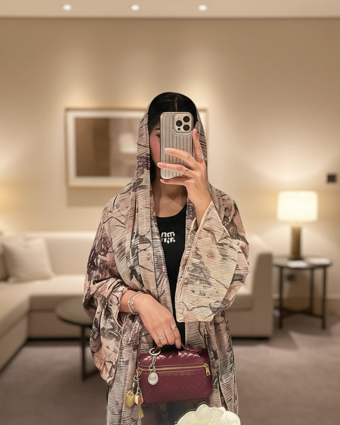 Brown Pleated Open Abaya for Layering, product view 3