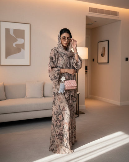 Brown Pleated Open Abaya for Layering, product view 5 5
