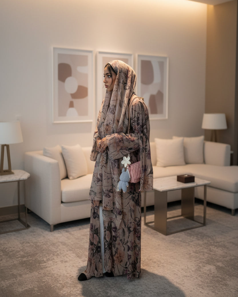 Brown Pleated Open Abaya for Layering, product view 6
