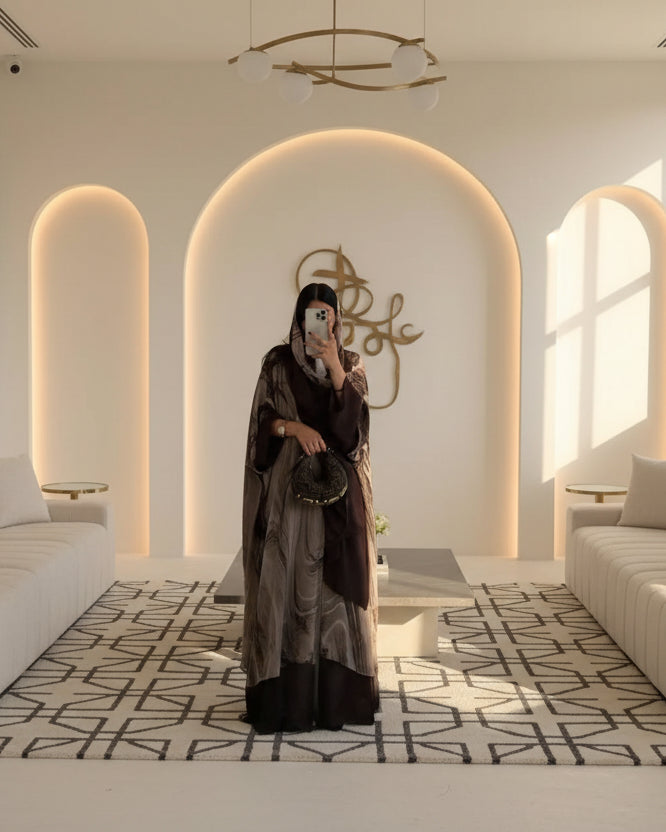 Brown Tie-Dye Abaya and Hijab Set for Eid, product view 1