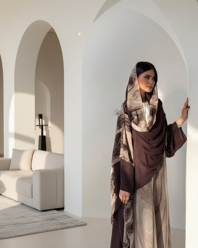 Brown Tie-Dye Abaya and Hijab Set for Eid, product view 3