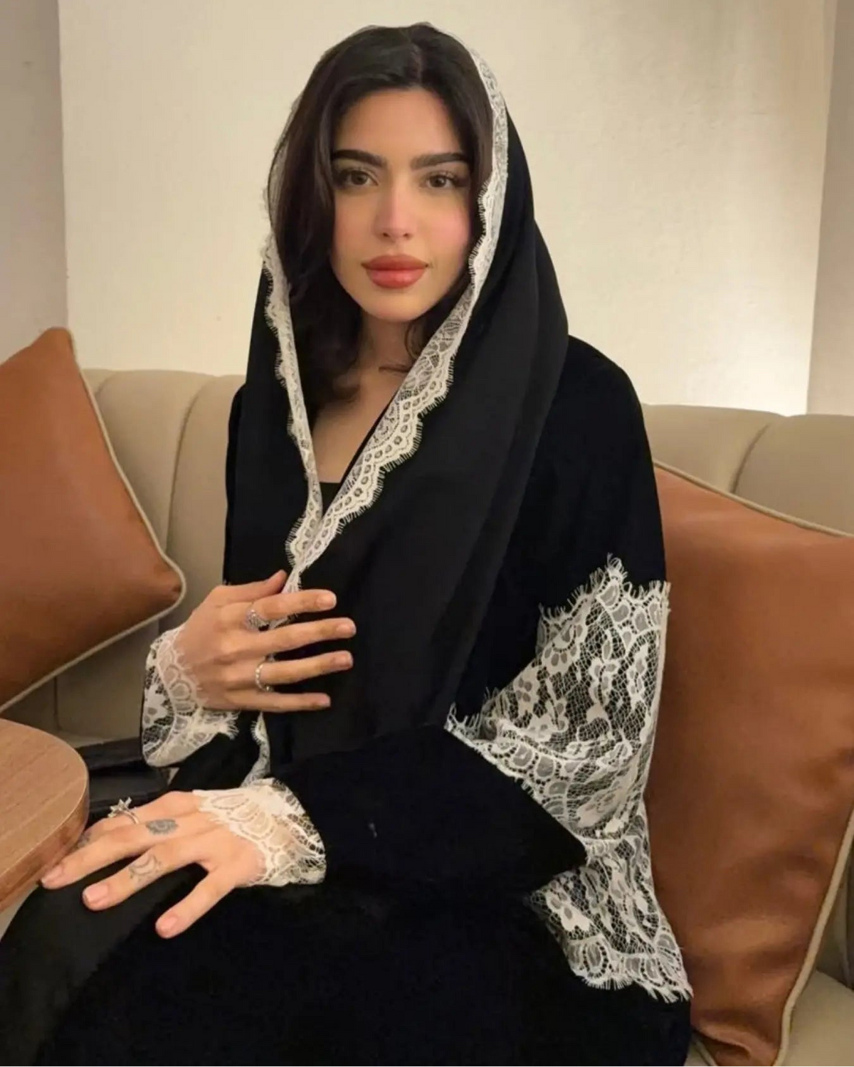 Black Patchwork Lace-Trim Abaya and Hijab Set Style 02, product view 3