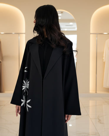 Black Botanical Embroidered Open Abaya for Eid, product view 2 2