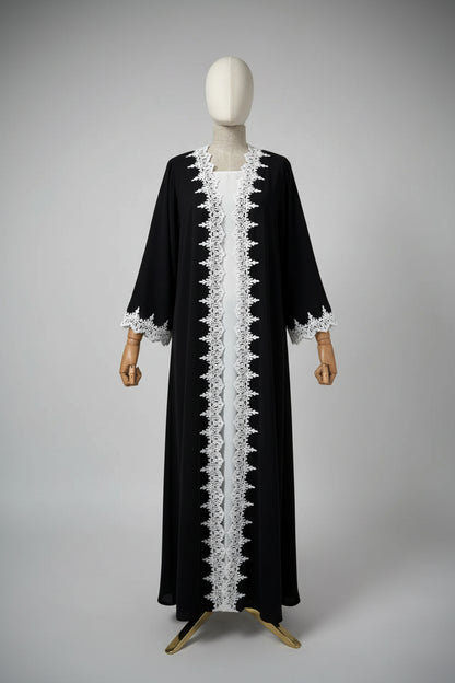Black Scallop-Trim Open Abaya Style 02 for Everyday Wear, product view 6 2