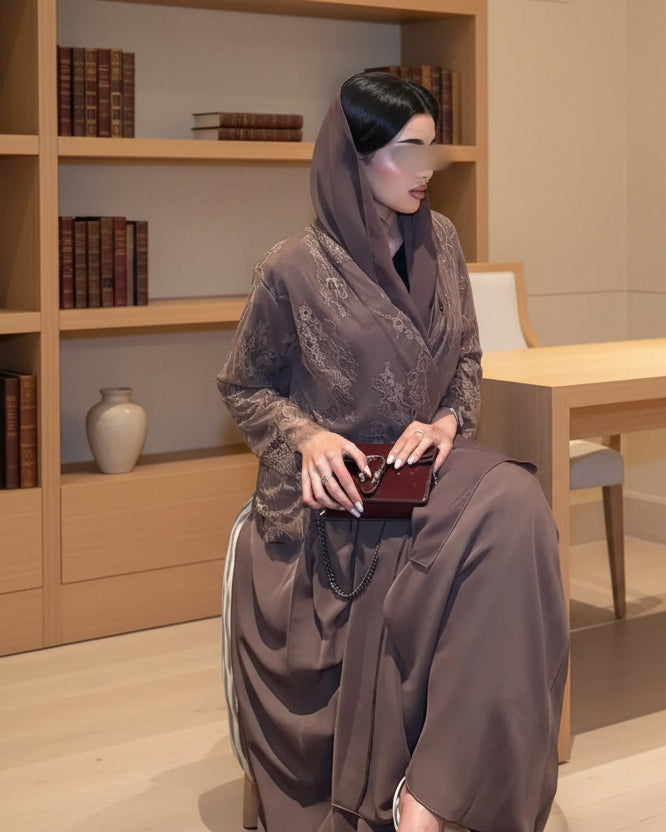 Coffee Brown Patchwork Lace-Trim Open Abaya for Eid, product view 1