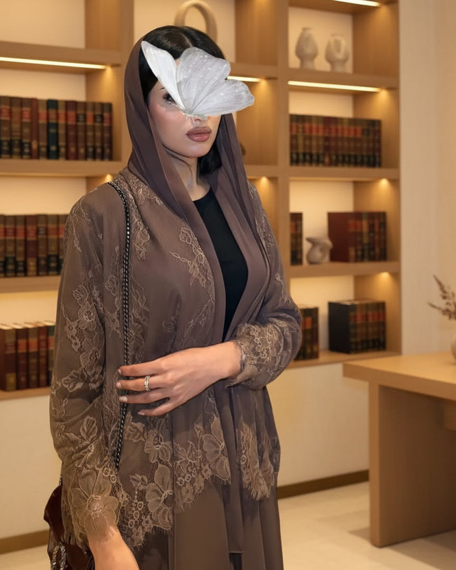 Coffee Brown Patchwork Lace-Trim Open Abaya for Eid, product view 5