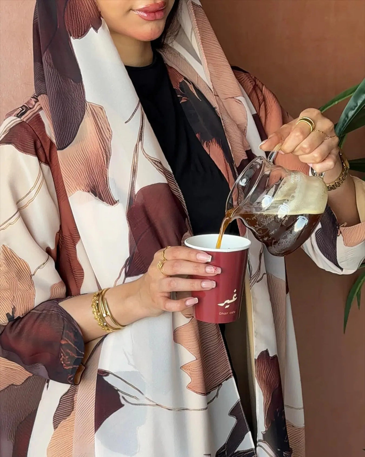 Brown Abstract Print Abaya and Hijab Set, product view 3
