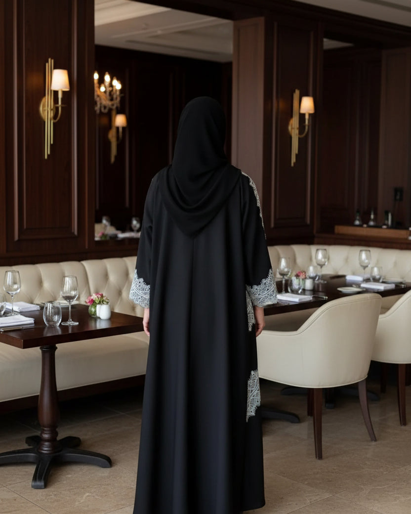 Black Scallop-Lace Abaya and Hijab Set for Eid, product view 3