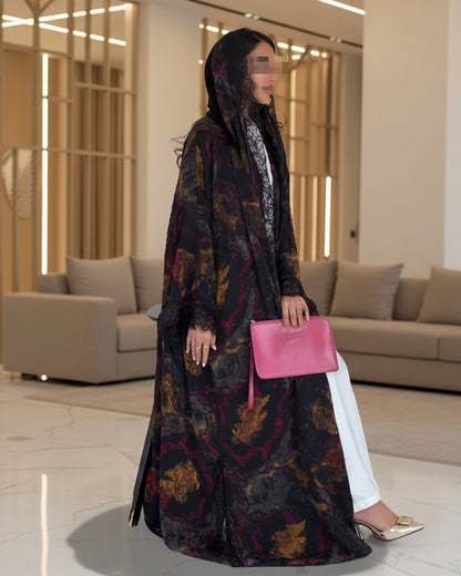 Black Multicolor Floral Lace-Trim Abaya and Hijab Set for Everyday Wear, product view 5 5