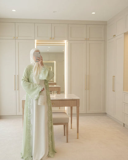 Green Embroidered Lace-Trim Open Abaya for Everyday Wear, product view 2 3