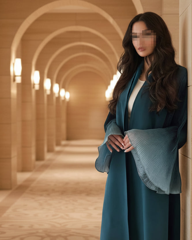 Sky Blue Patchwork Pleated Open Abaya for Everyday Wear, product view 2 1