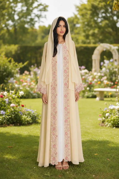 Yellow Floral Lace-Trim Abaya and Hijab Set for Eid, product view 4 4