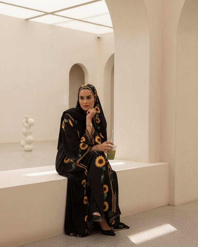 Black Botanical Print Open Abaya for Layering, product view 2