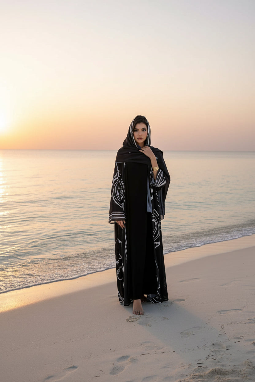 Black Abstract Print Abaya and Hijab Set for Everyday Wear, product view 6