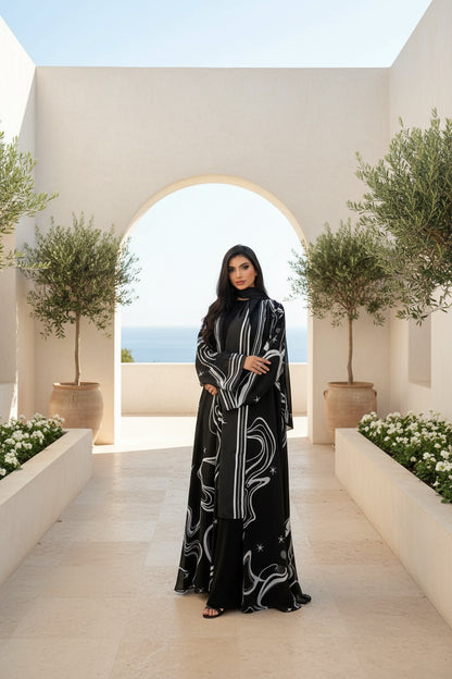 Black Abstract Print Abaya and Hijab Set for Everyday Wear, product view 5 5