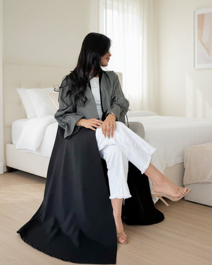 Gray Colorblock Patchwork Open Abaya for Eid, product view 1 1