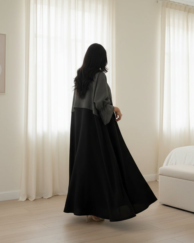 Gray Colorblock Patchwork Open Abaya for Eid, product view 2