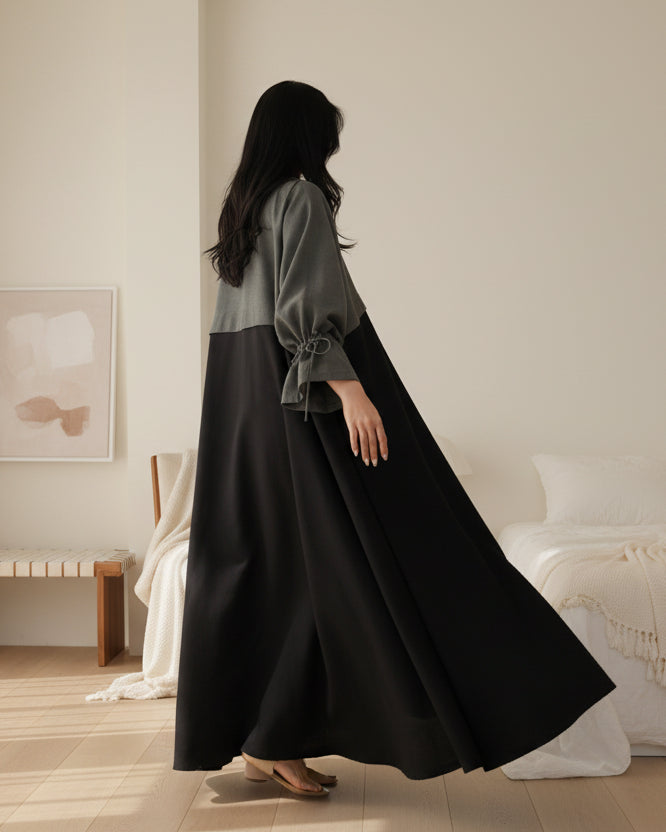 Gray Colorblock Patchwork Open Abaya for Eid, product view 3